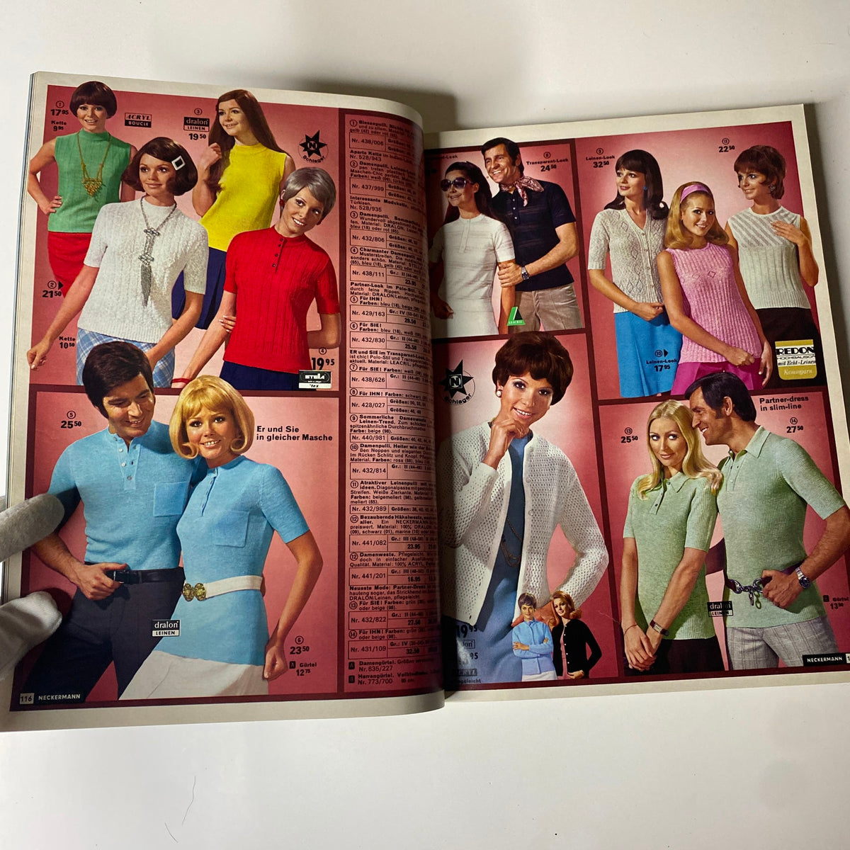 1970 Neckermann Summer Catalog featuring models in coordinating couple’s outfits, showcasing colorful summer apparel and accessories in a vibrant photo layout.