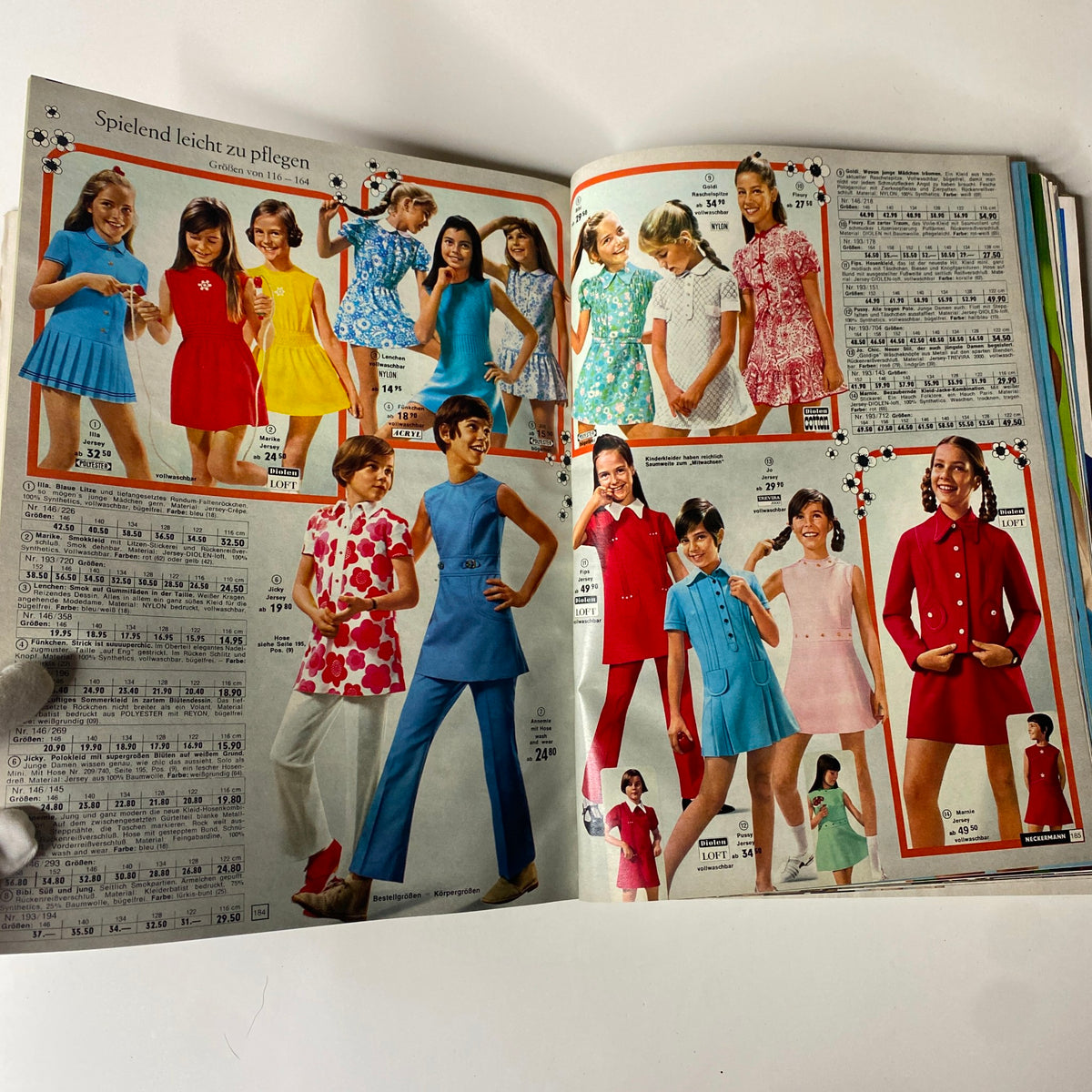 1970 Neckermann Summer Catalog featuring vibrant children's summer fashion styles in bright colors and playful designs, showcasing a variety of outfits and accessories.
