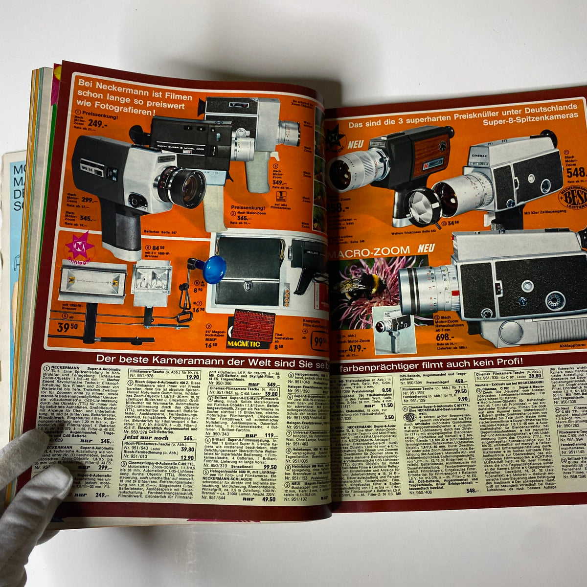 1970 Neckermann Summer Catalog highlighting a range of super-8 cameras and filming equipment, featuring product images and price listings for photography enthusiasts.