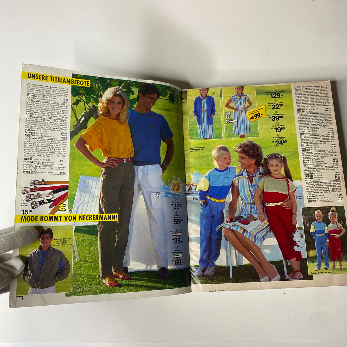 Open page of the 1984 Neckermann Summer Catalog displaying summer clothing offers for men, women, and children, set in an outdoor environment.