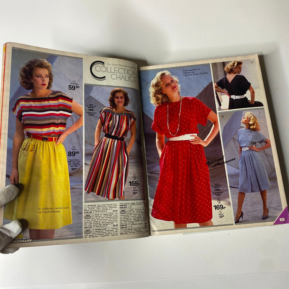 Open page of the 1984 Neckermann Summer Catalog highlighting women's dresses in vibrant colors and patterns from the 1980s fashion era.