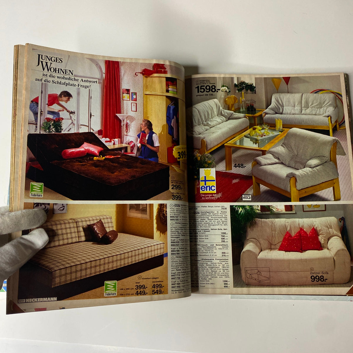 1984 Neckermann Summer Catalog showcasing various living room furniture options, including a convertible sofa and armchairs, illustrating mid-1980s German interior design trends.