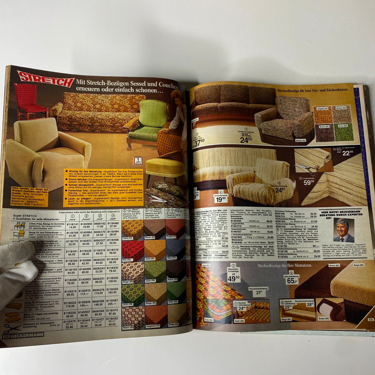 1984 Neckermann Summer Catalog featuring a range of stretchable couch covers and fabric choices for home furniture, highlighting vintage textile patterns popular in the mid-1980s.