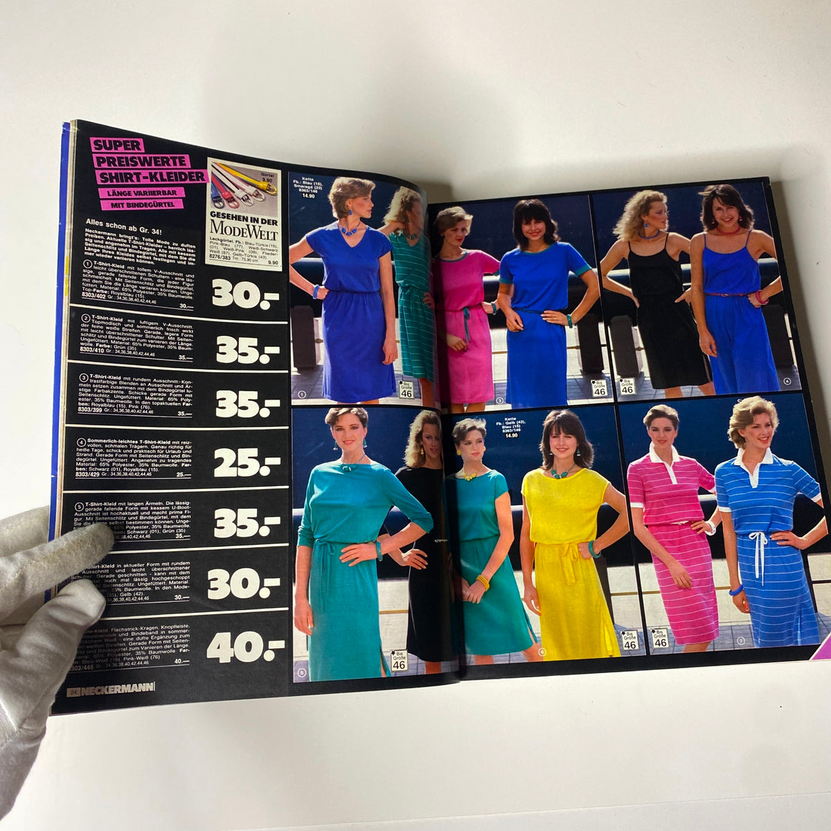 Open pages of the 1983 Neckermann Summer Catalog featuring models in stylish dresses with various vibrant colors and designs, showcasing the summer fashion trends of 1983.