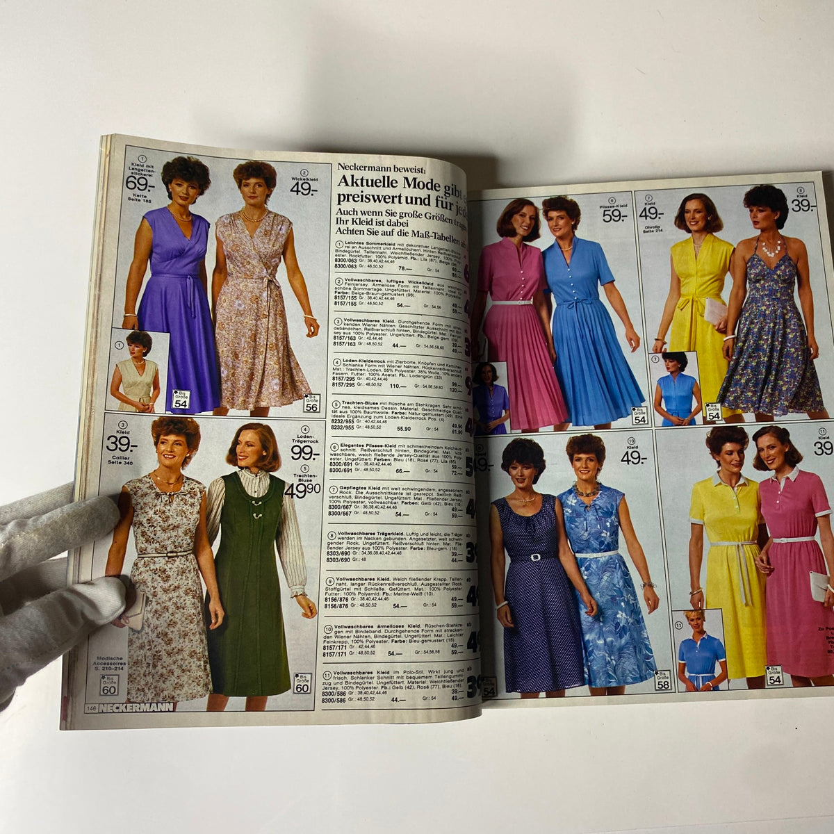 Open pages of the 1983 Neckermann Summer Catalog presenting a variety of dresses for women in different colors and styles, depicting the fashion choices popular in 1983.