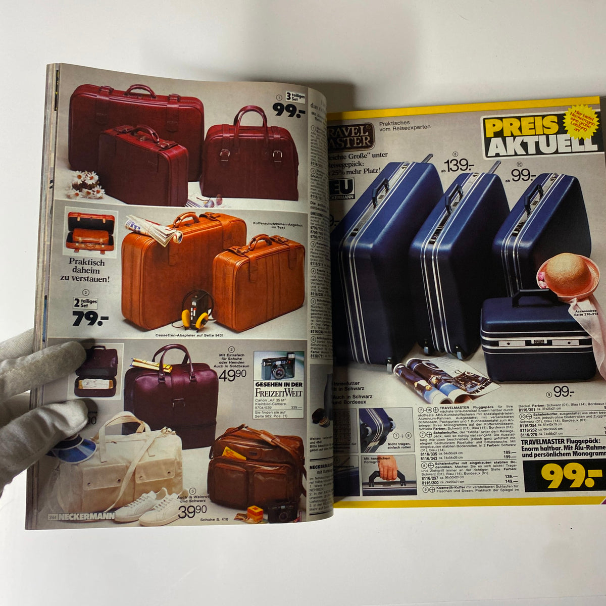 1983 Neckermann Summer Catalog featuring a variety of travel bags, including briefcases and suitcases, displayed with pricing details.