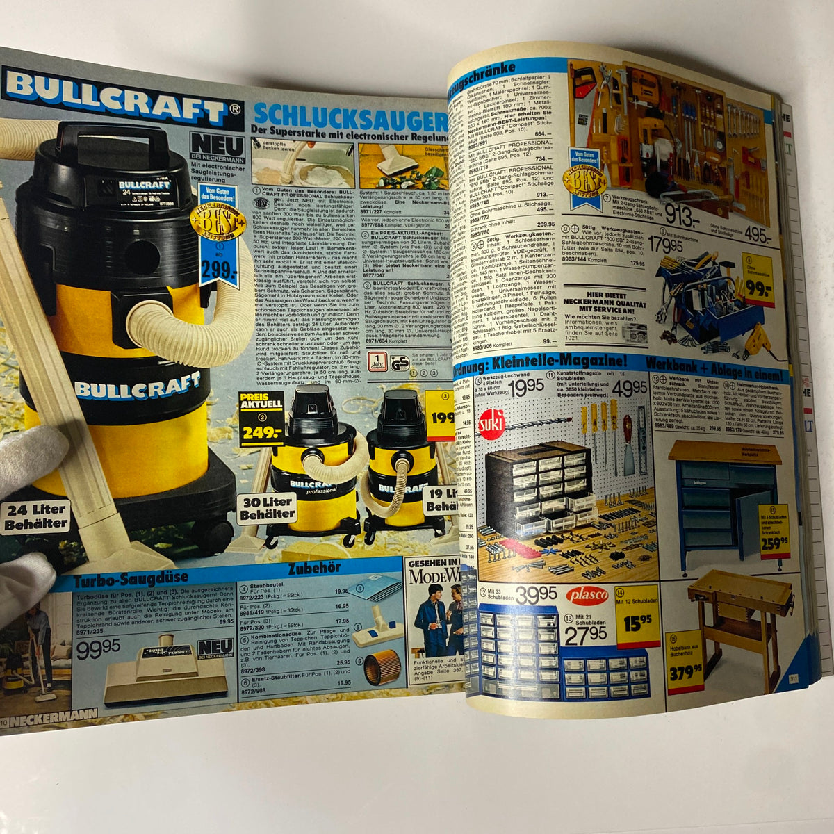 Page from the 1983 Neckermann Summer Catalog showcasing various home and garden tools, including vacuum cleaners and storage solutions, with prices listed in Deutsche Marks.