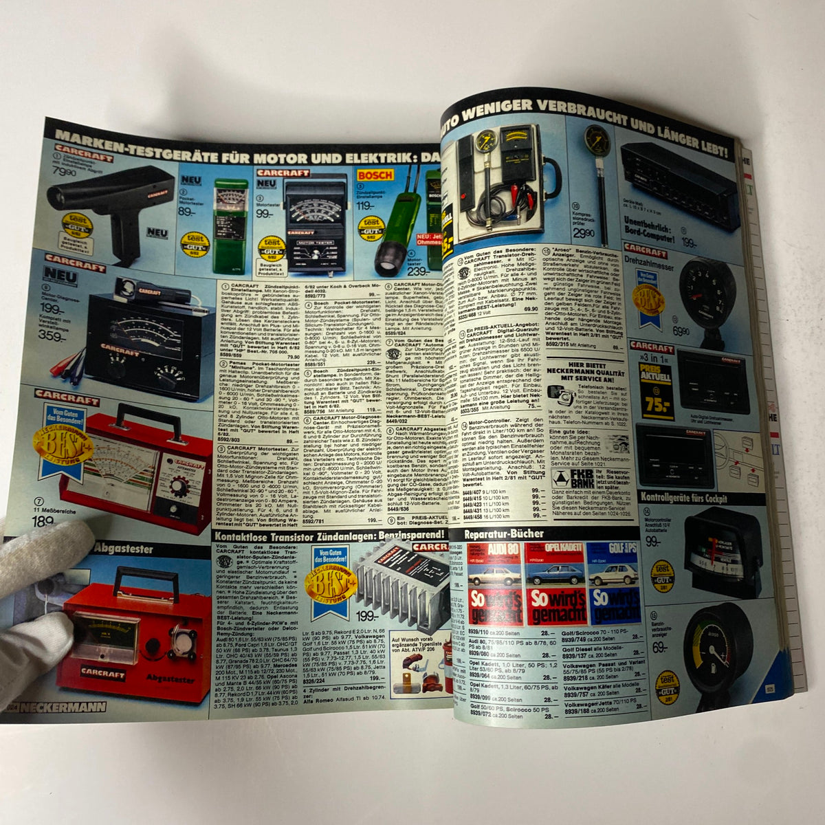 Another page from the 1983 Neckermann Summer Catalog featuring automotive tools and electrical devices, with detailed descriptions and prices for DIY enthusiasts.