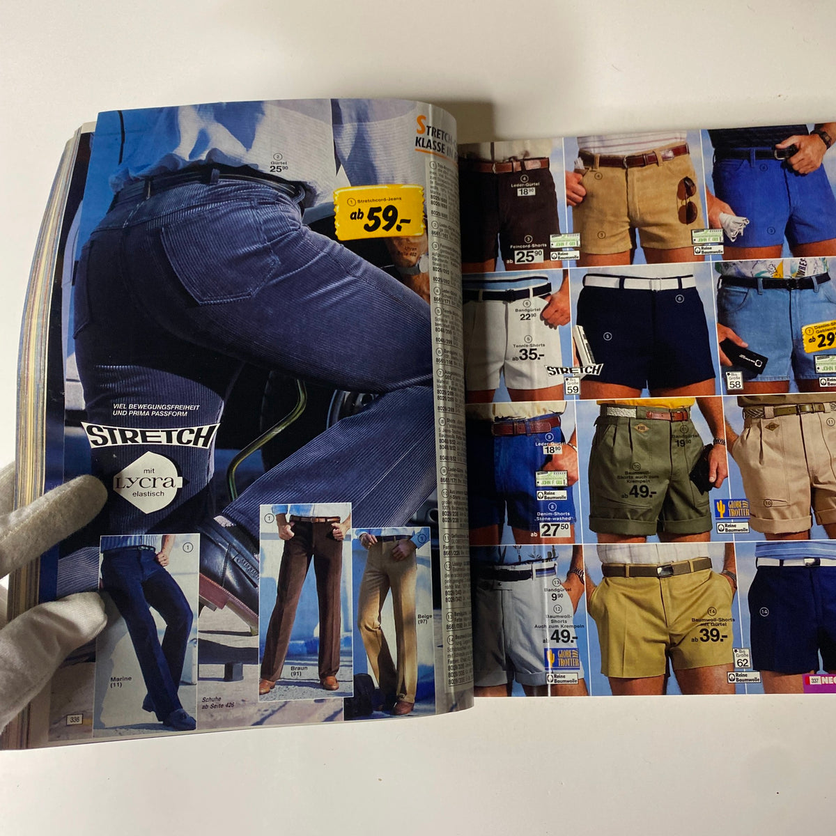 Page from the 1985 Neckermann Summer Catalog showcasing men's stretch pants with prices in mid-1980s German style.