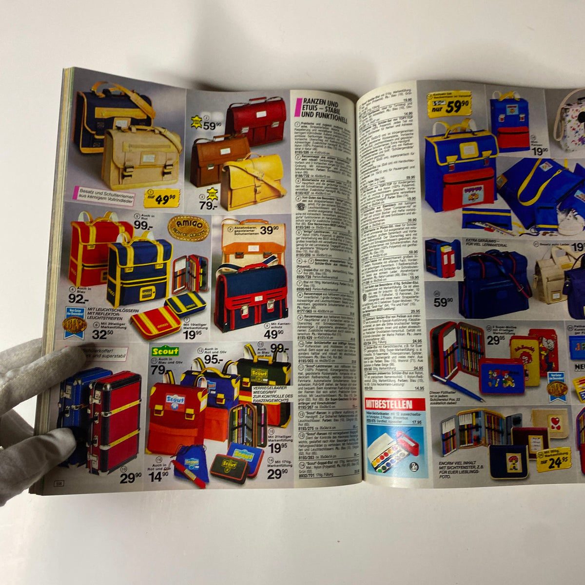 1985 Neckermann Summer Catalog featuring colorful backpacks and bags with detailed prices. Highlights retro fashion and accessories from the mid-1980s in Germany.