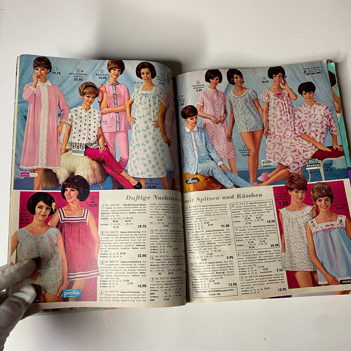 1966 Neckermann Summer Catalog highlighting nightwear styles, featuring models in pajamas and nightgowns with floral and lace designs in pastel colors.