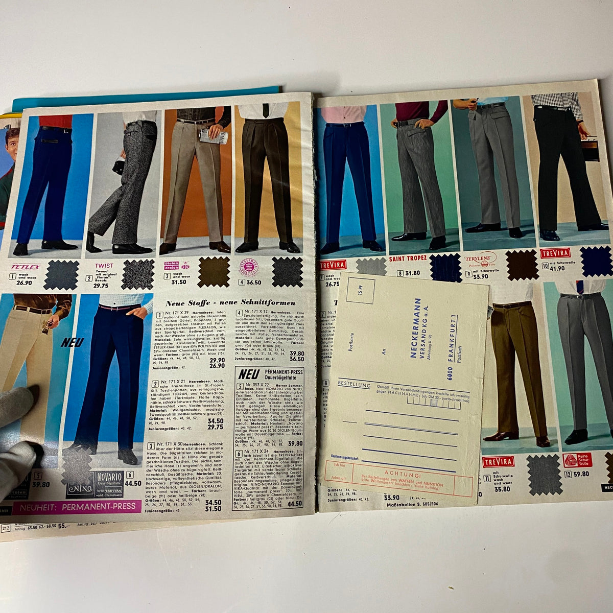 1966 Neckermann Summer Catalog highlighting men's trousers, showcasing various styles and colors of slacks on a vibrant background with fabric swatches.