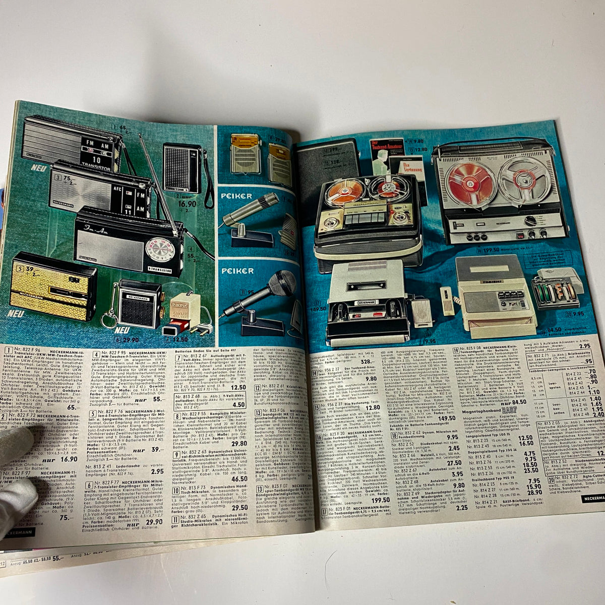 1966 Neckermann Summer Catalog displaying an array of vintage electronic items such as radios and tape recorders along with their prices.