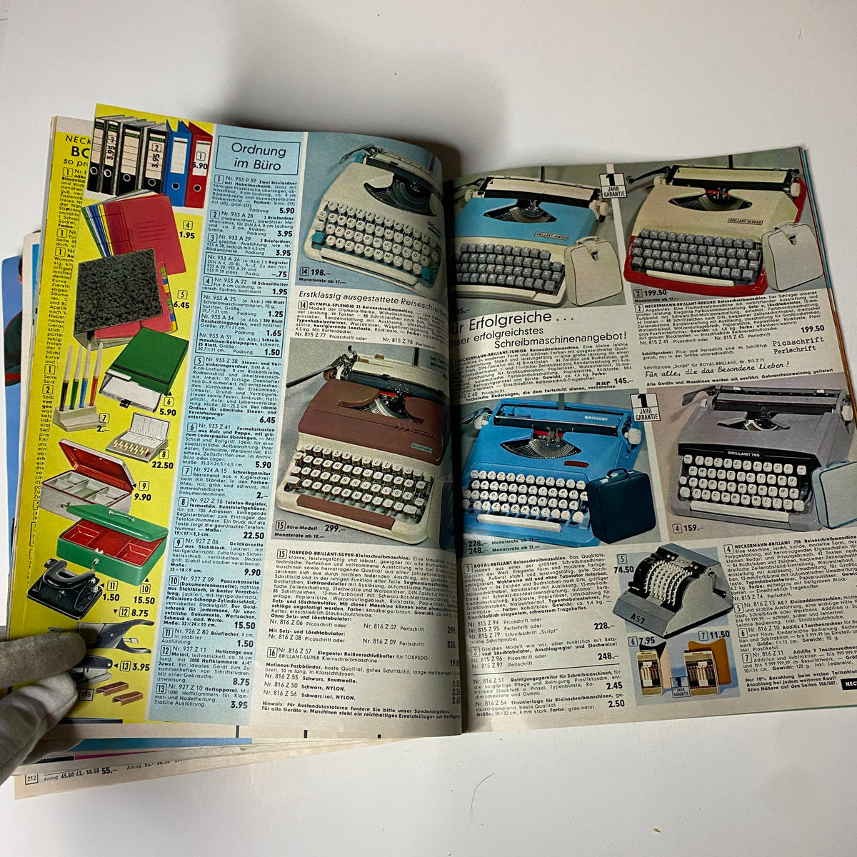 1966 Neckermann Summer Catalog highlighting office supplies and typewriters in a colorful layout, complete with pricing details.