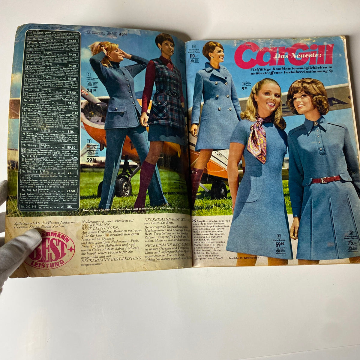 Spread from the 1969-1970 Neckermann Winter Catalog displaying several women in matching outfits alongside product details, emphasizing retro fashion trends of the era.