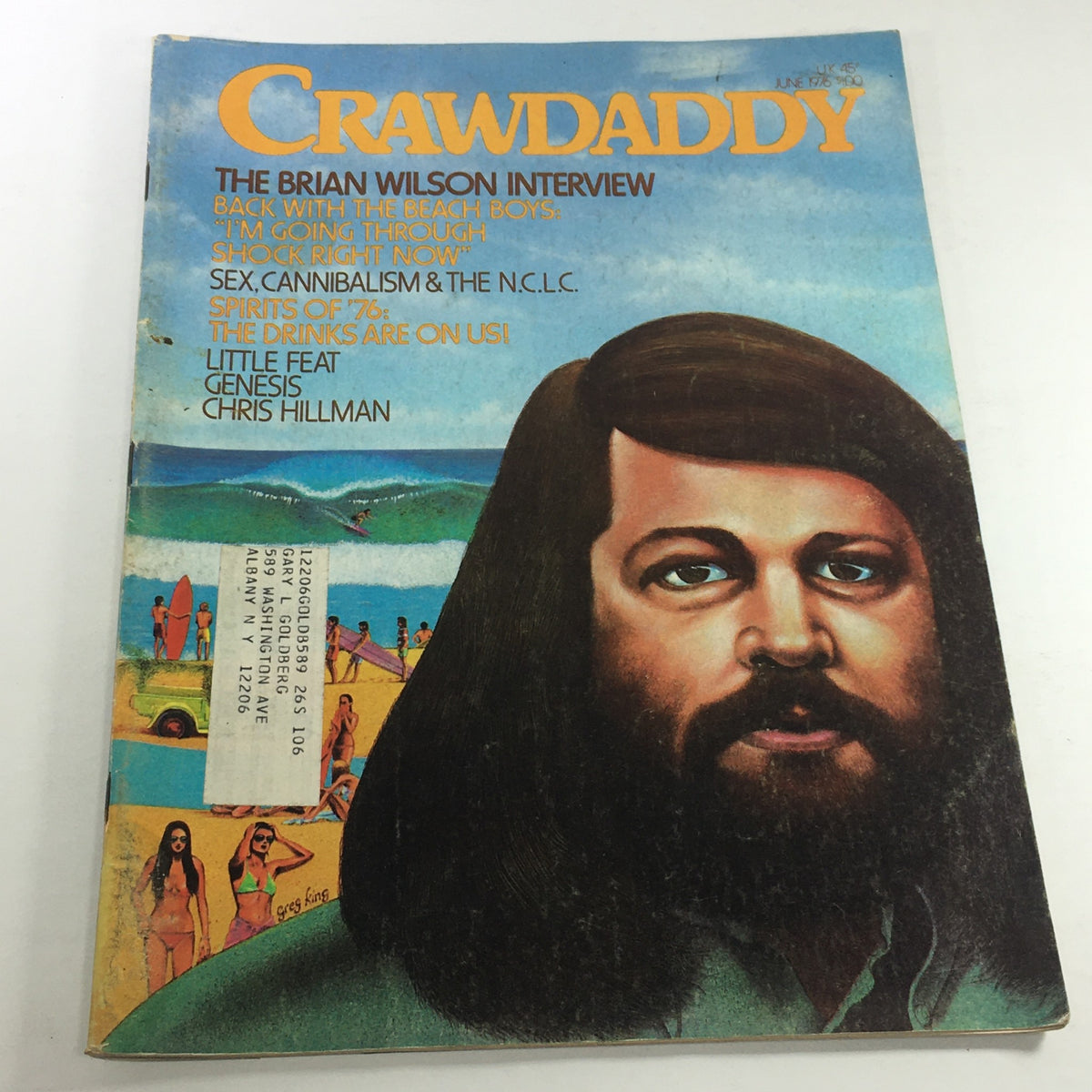 Cover of VTG Crawdaddy Magazine: June 1976 featuring a vibrant illustration by Greg King, depicting Brian Wilson with a scenic beach background, alongside titles like 'The Brian Wilson Interview', 'Back with the Beach Boys', and more, highlighting key music culture themes of the 70s.