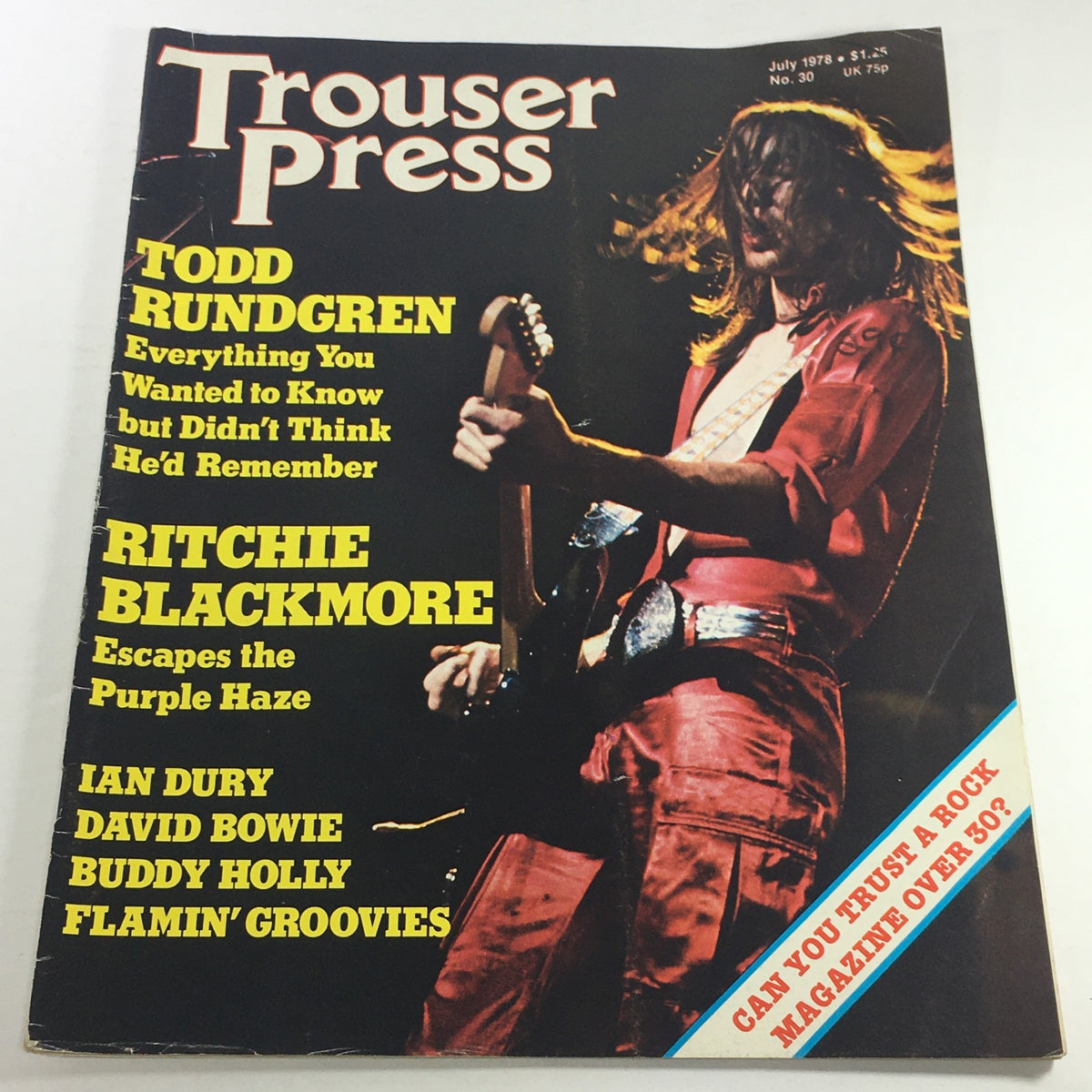Vintage Trouser Press Magazine Cover from July 1978 featuring Todd Rundgren, Ritchie Blackmore, Ian Dury, David Bowie, and Buddy Holly, showcasing a pivotal moment in music history.