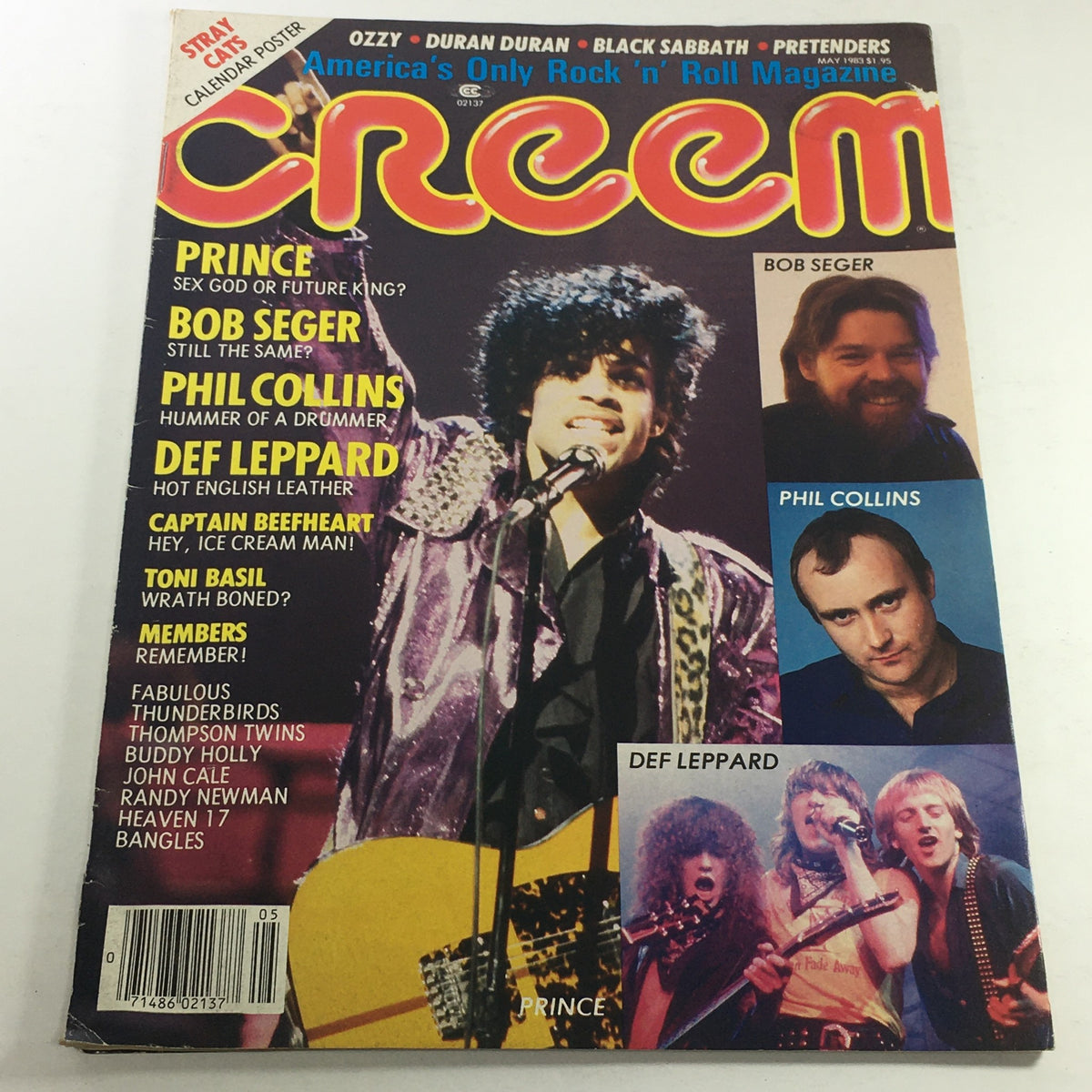 Cover of VTG Creem Magazine from May 1983 featuring Prince performing, along with highlights of Bob Seger, Phil Collins, and Def Leppard. The magazine showcases iconic rock artists and captures the essence of music culture in the 1980s.