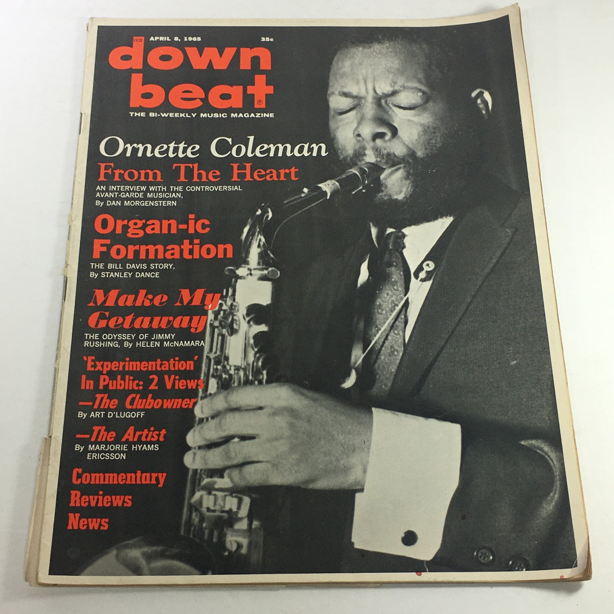 Vintage Down Beat Music Magazine April 8, 1965 featuring Ornette Coleman on the cover, showcasing an article titled 'From The Heart' and various other music features.
