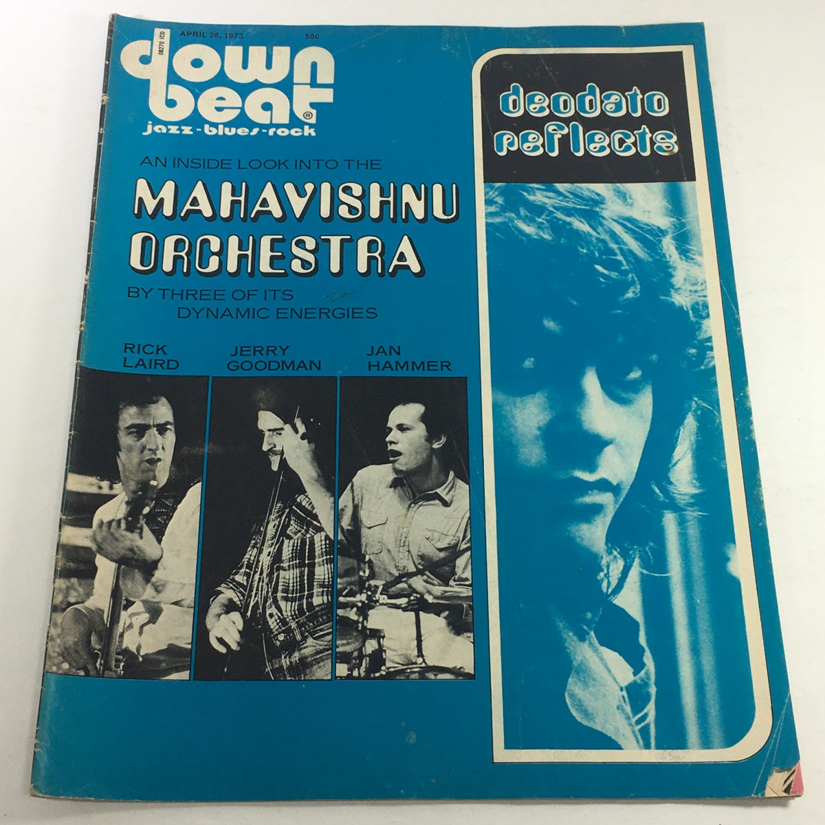Cover of VTG Down Beat Music Magazine: April 26 1973 featuring Rick Laird, Jerry Goodman, and Jan Hammer, showcasing jazz and fusion music insights.