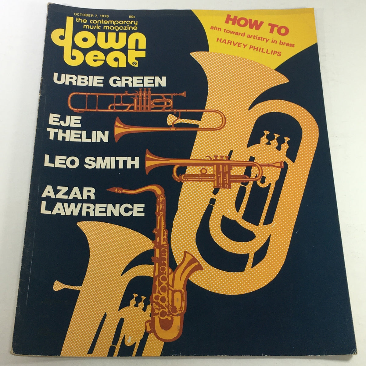 VTG Down Beat Magazine Cover from October 7, 1976, featuring Eje Thelin, Leo Smith, and Azar Lawrence, showcasing brass instruments in an artistic design.