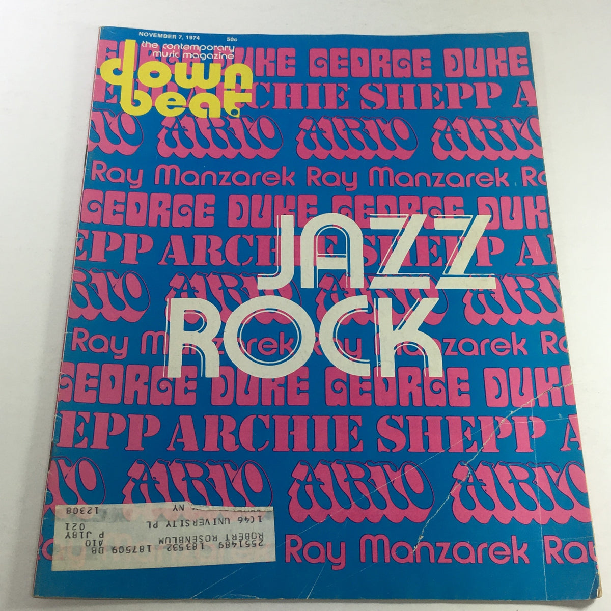 Cover of Down Beat Magazine dated November 7, 1974, featuring Ray Manzarek, George Duke, and Archie Shepp, highlighting the themes of Jazz and Rock.