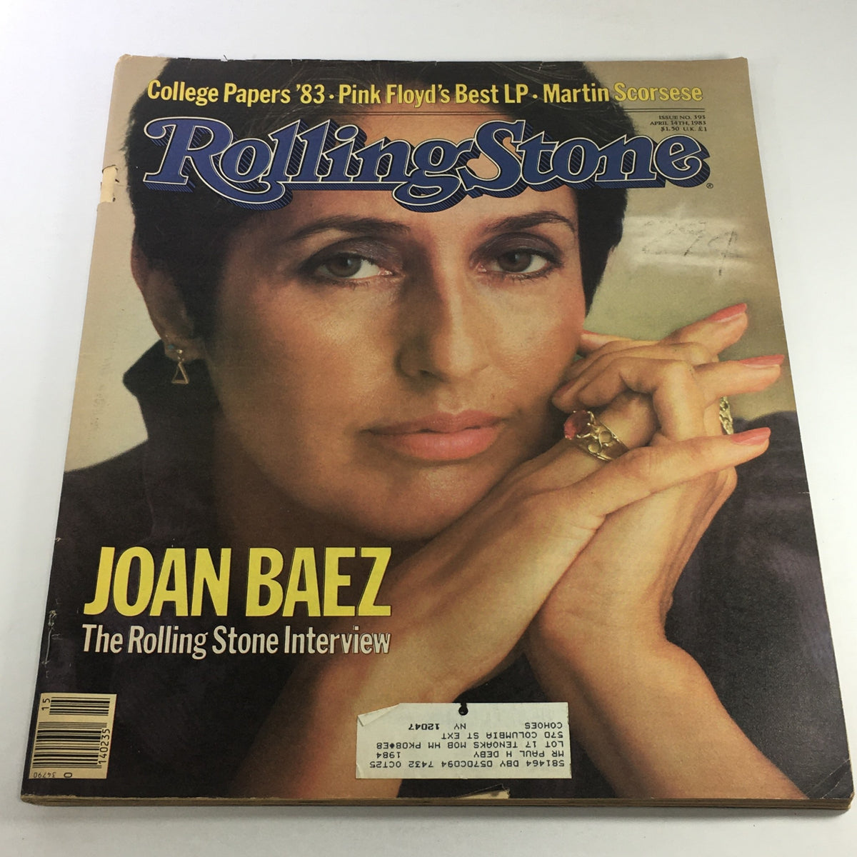 Vintage Rolling Stone Magazine from April 14, 1983 featuring Joan Baez on the cover, showcasing her interview and reflecting on her music career and social activism.