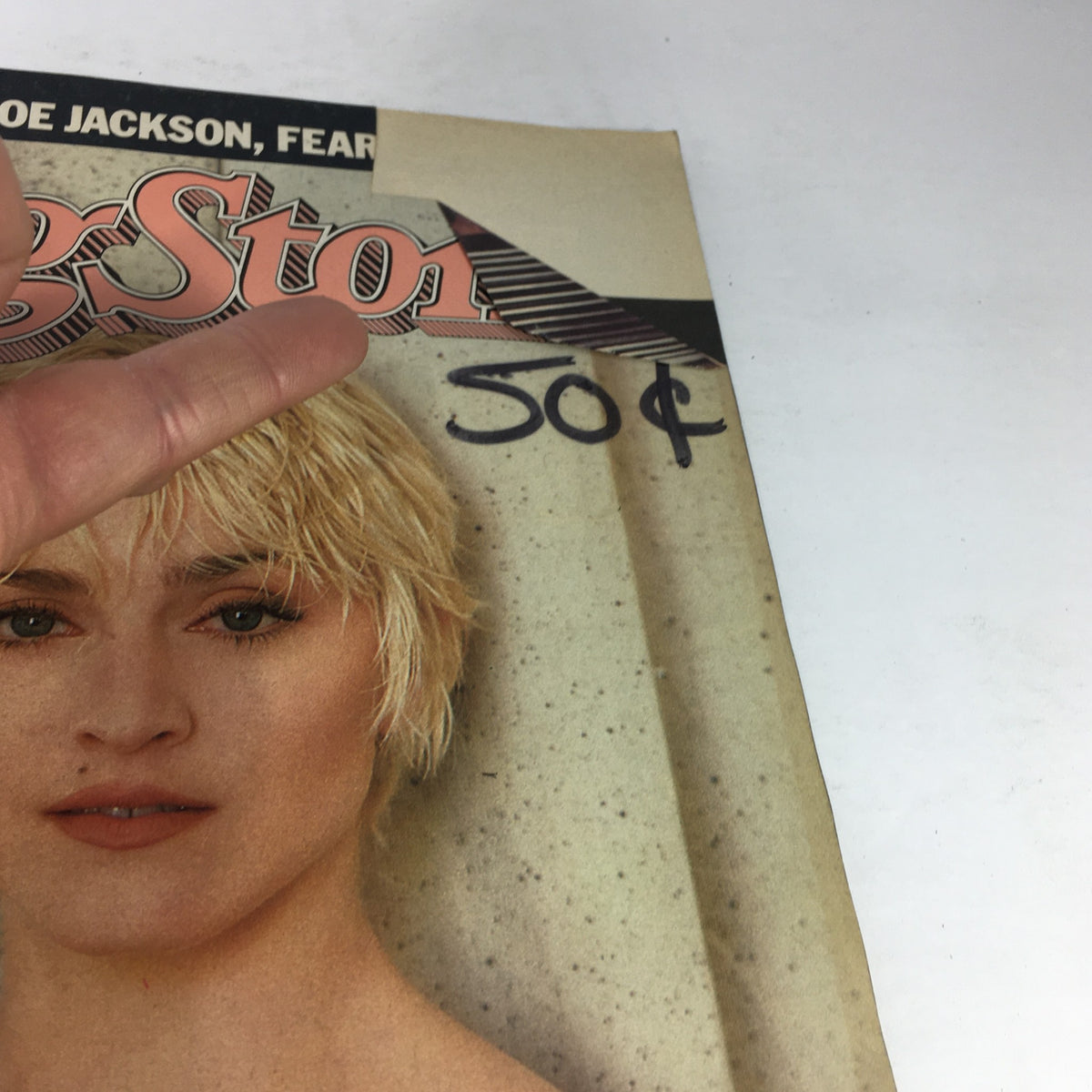 Close-up of the Vintage Rolling Stone Magazine cover dated June 5, 1986, with The New Madonna. The cover displays a price tag of 50 cents and part of the magazine's title, reflecting its collectible nature.