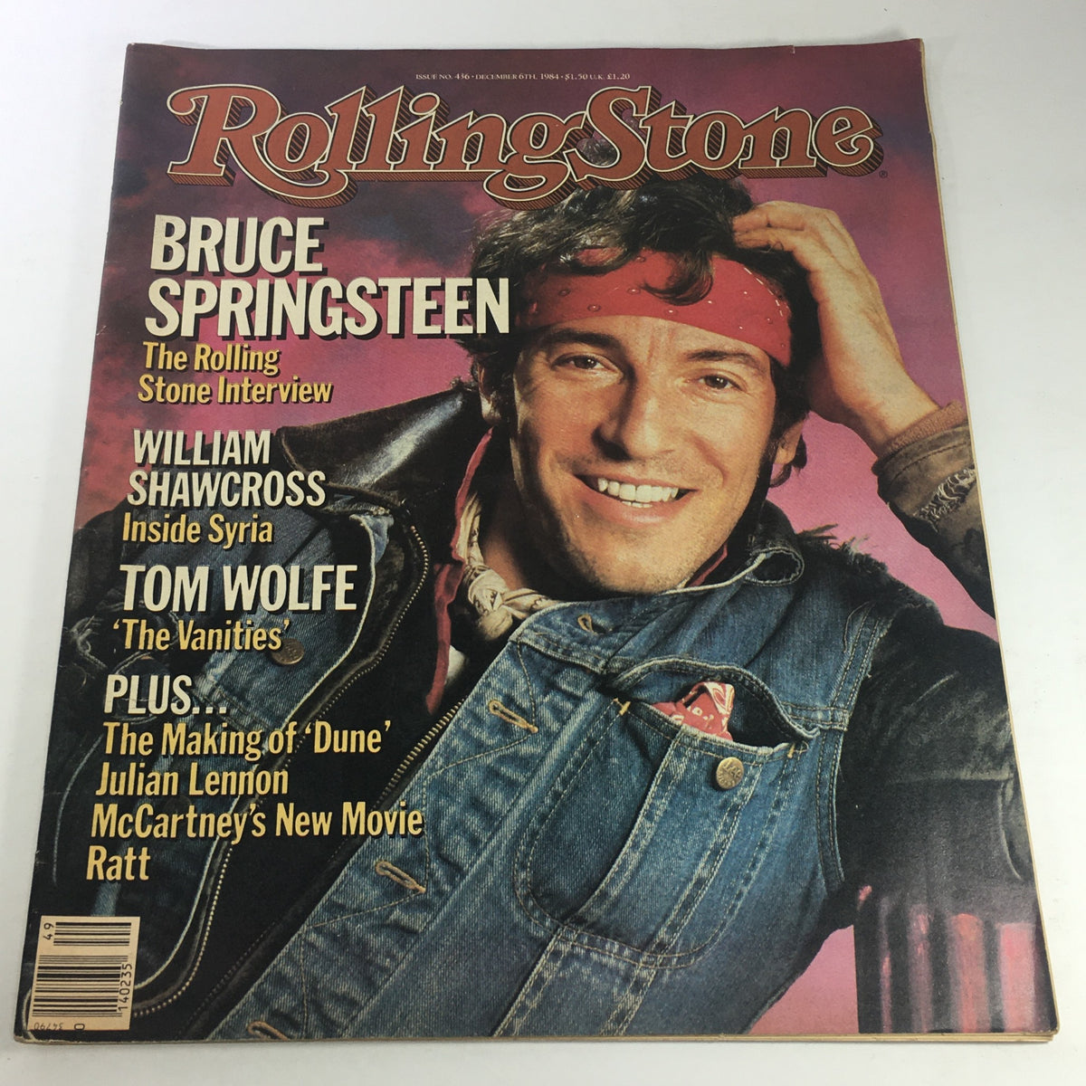 VTG Rolling Stone Magazine cover from December 6, 1984, featuring Bruce Springsteen in a denim jacket with a bandana, highlighting 'The Rolling Stone Interview' along with articles about William Shawcross, Tom Wolfe, and more.