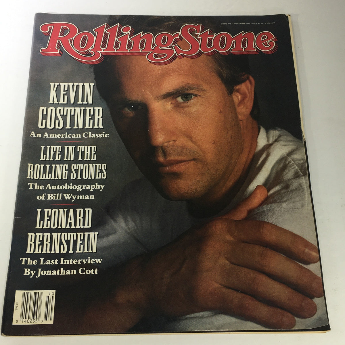 Vintage Rolling Stone Magazine featuring Kevin Costner on the cover, dated November 29, 1990. The magazine highlights Costner as An American Classic.