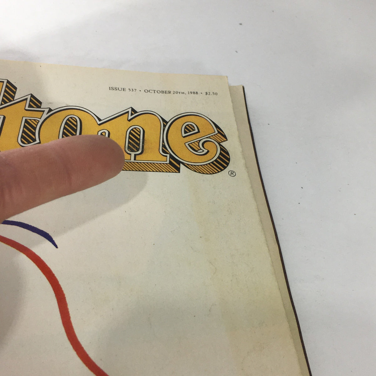 Detail shot of the top header from the vintage Rolling Stone Magazine dated October 20, 1988, emphasizing the issue number and date.