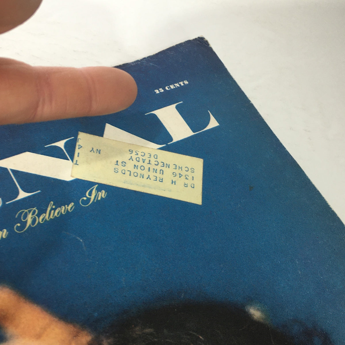 Detailed shot of the VTG Journal Magazine April 1950, showcasing an address label and the magazine's title, emphasizing its historical context and original pricing of 25 cents.