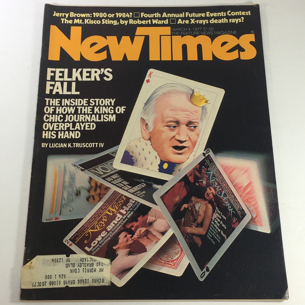 Cover of VTG New Times Magazine dated March 4, 1977 featuring 'Felker's Fall' by Lucian K. Truscott IV, showcasing vintage journalism with images of playing cards and a prominent figure.