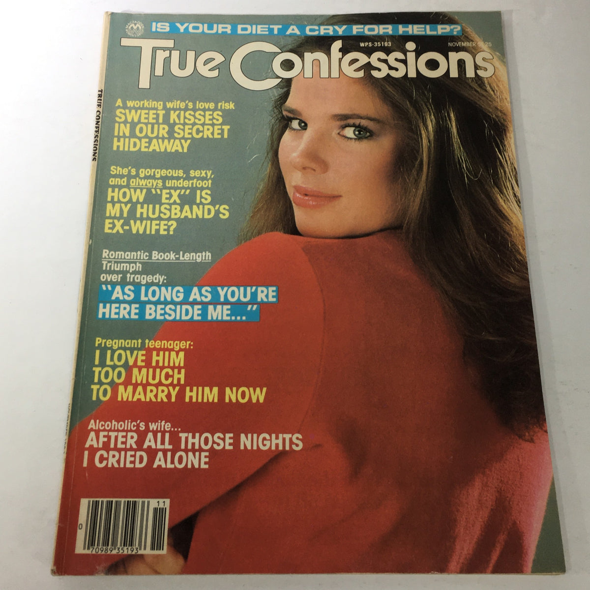 Cover of VTG True Confessions Magazine: November 1983 - Secret Hideaway Newsstand featuring a model with long hair looking back at the camera, showcasing headlines about love, romance, and personal stories from the 1980s.