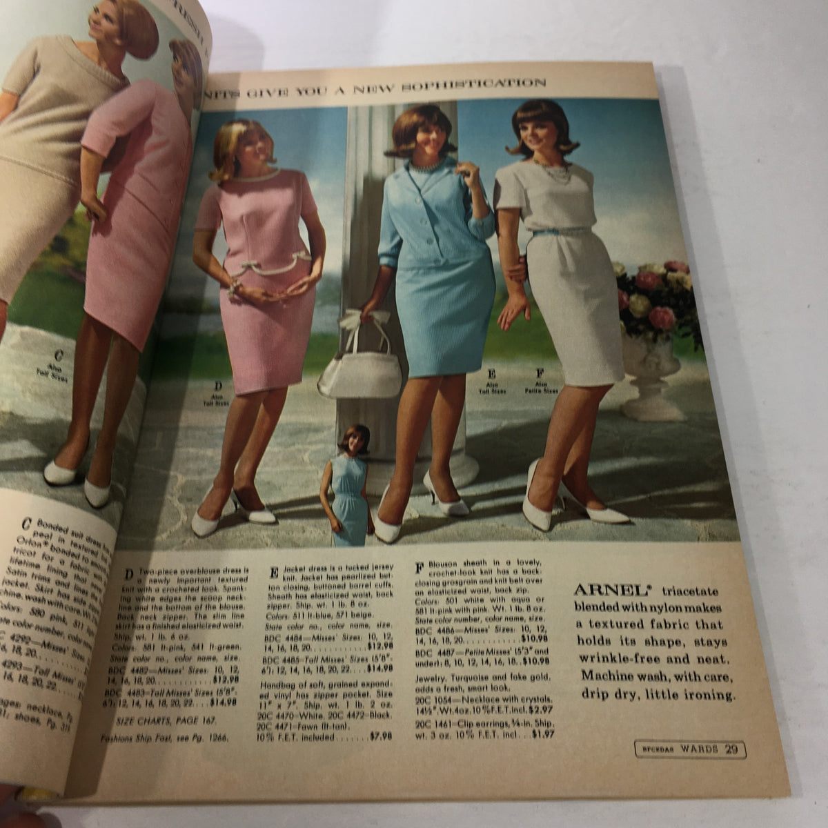 Interior page from the VTG Montgomery Ward Catalog: Spring & Summer 1965 displaying a collection of vintage dresses modeled by women, highlighting fashionable styles of the era.