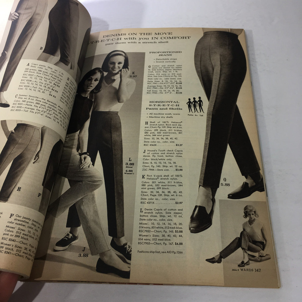 VTG Montgomery Ward Catalog: Spring & Summer 1965 showcasing denim styles and fashion options for women including stretch jeans and comfortable pants. Featured styling highlights pricing and product descriptions.