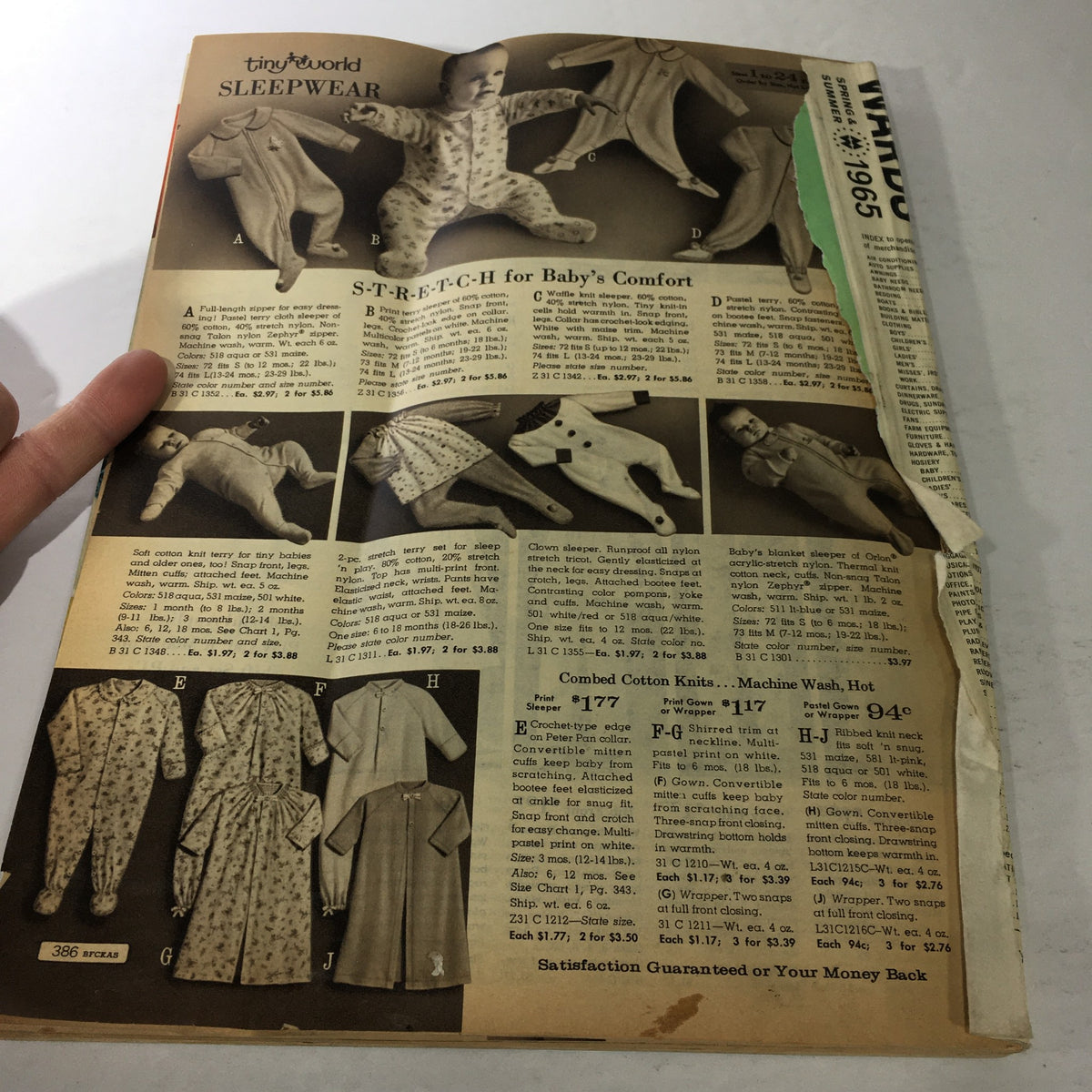 VTG Montgomery Ward Catalog: Spring & Summer 1965 featuring baby sleepwear styles focused on comfort and practicality. The image includes a selection of sizes and product descriptions.