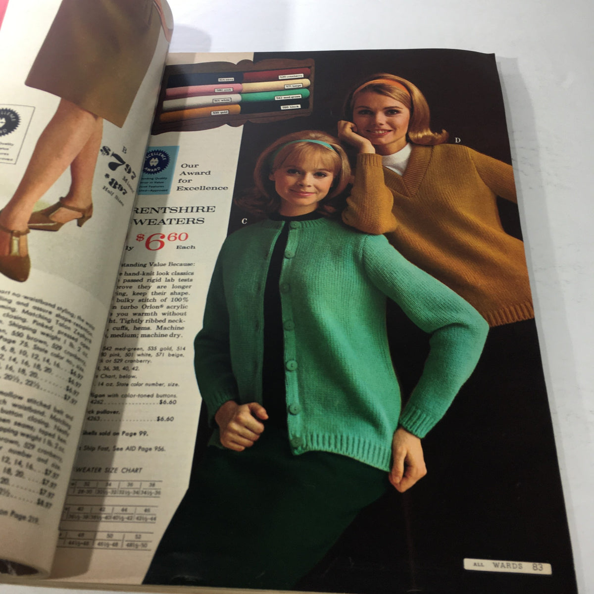 VTG Montgomery Ward catalog: Fall & Winter 1966 - Winter Coat Collection featuring models showcasing Rentshire sweaters, with a green cardigan and a mustard v-neck sweater, highlighting vintage fashion.