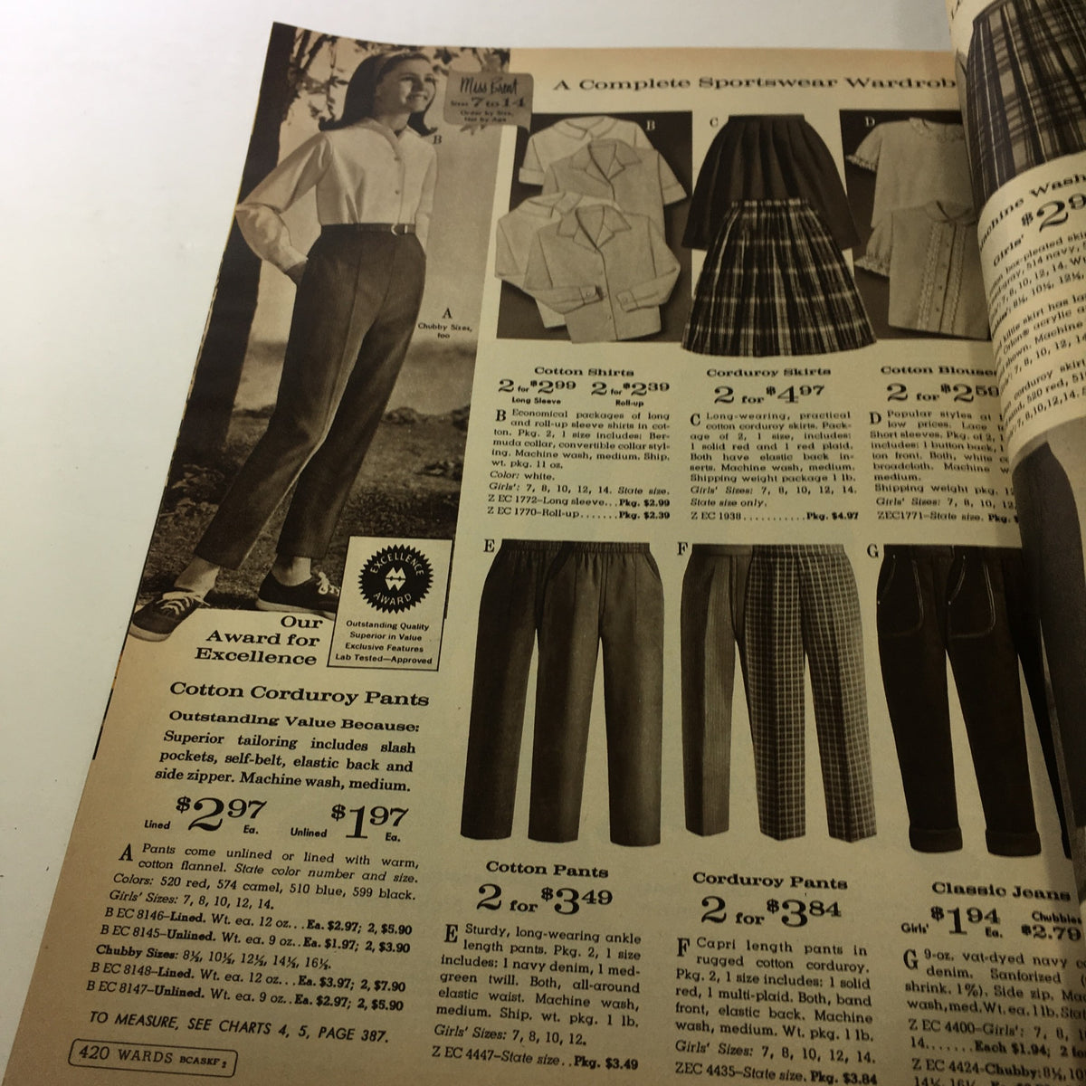 VTG Montgomery Ward catalog: Fall & Winter 1966 - Winter Coat Collection showcasing cotton corduroy pants and sportswear items, with a model dressed in vintage casual attire.