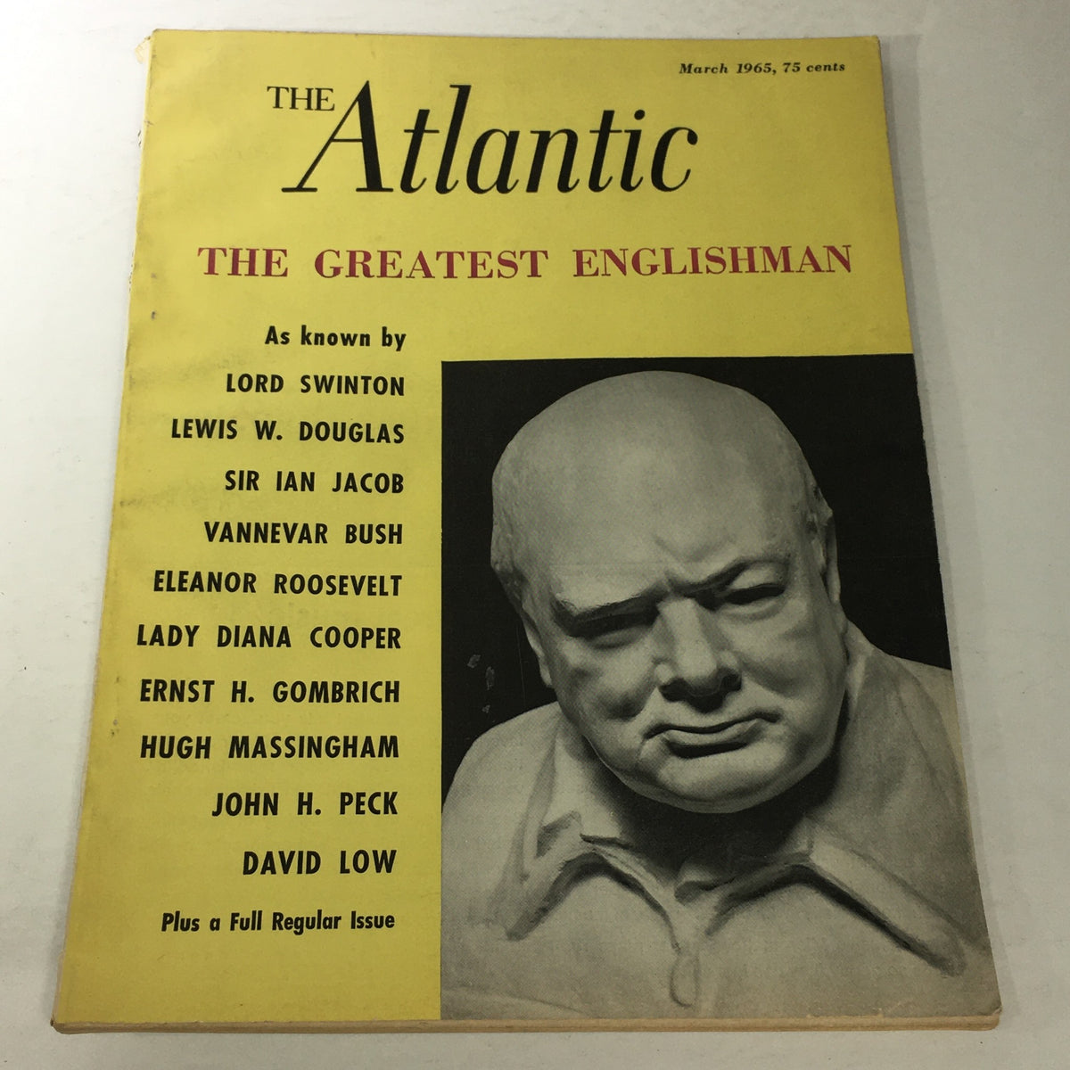 Cover of VTG The Atlantic Magazine: March 1965 featuring the title 'The Greatest Englishman' and notable figures like Lord Swinton and Lewis W. Douglas, along with a sculptural representation of Winston Churchill.