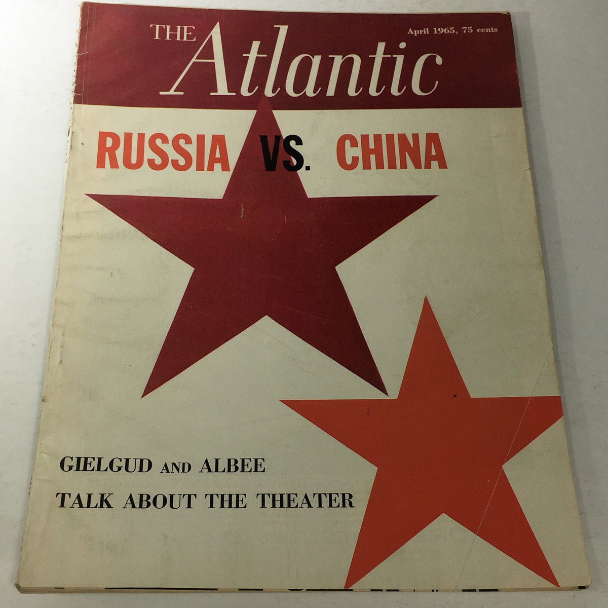 Cover of The Atlantic Magazine from April 1965 featuring the title 'Russia VS. China' and a discussion by Gielgud and Albee about theater.