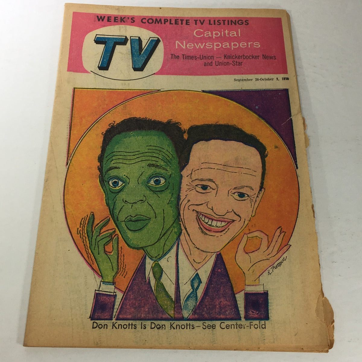 VTG TV Capital Newspapers cover featuring Don Knotts with artistic illustration, dated September 26-October 3 1979 by R. Thompson.