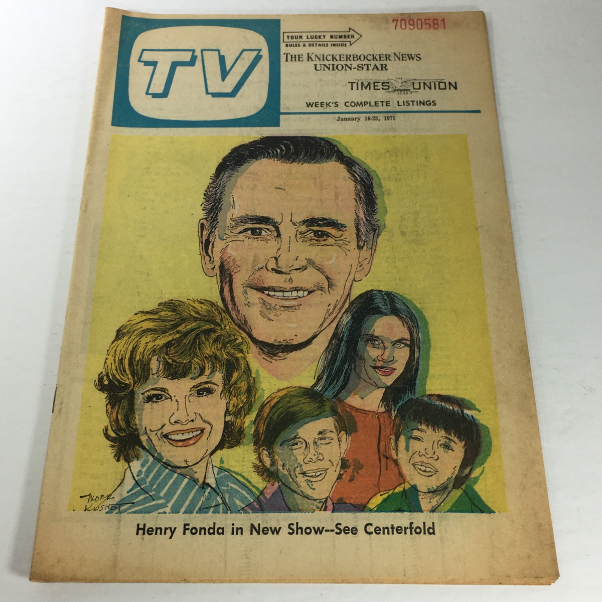 Cover of VTG TV The Knickerbocker News from January 16-23, 1971, featuring Henry Fonda in New Show along with illustrated portraits of cast members.
