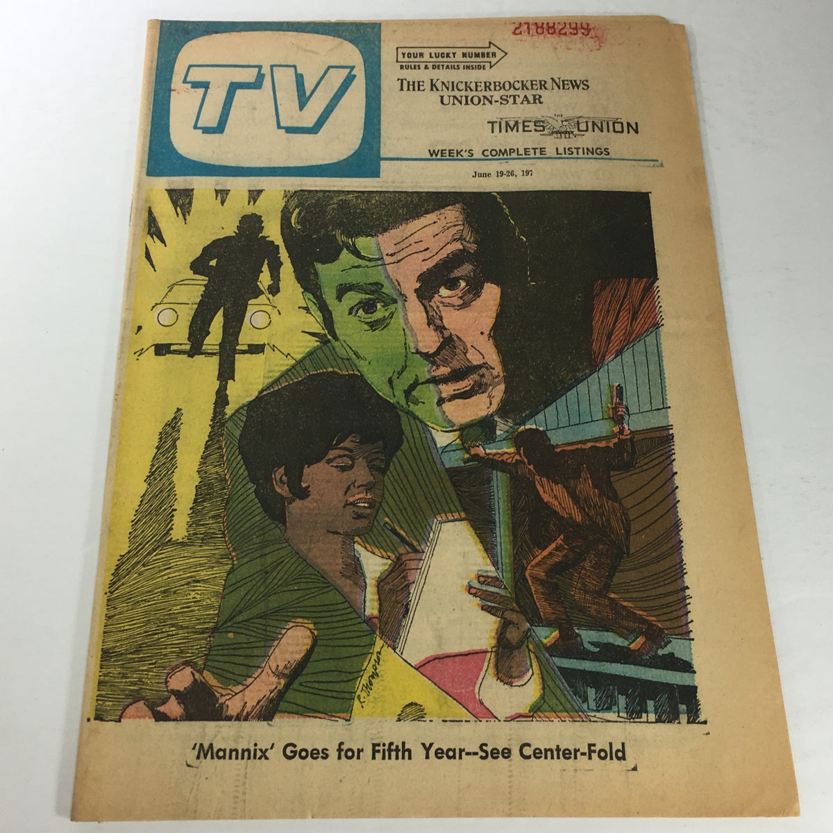 Vintage TV magazine cover featuring 'Mannix' from The Knickerbocker News, dated June 19-26, 1970, with an illustrated depiction of characters and scenes from the show.