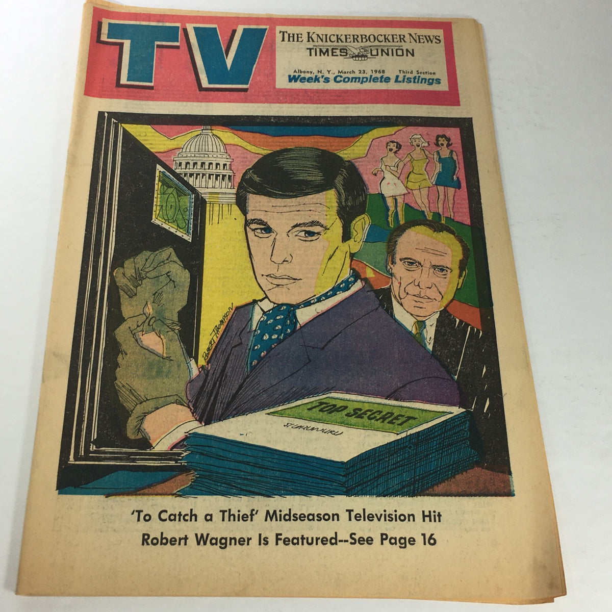 Vintage magazine cover of The Knickerbocker News dated March 23, 1968, featuring Robert Wagner. The cover includes illustrations related to the television show 'To Catch a Thief' and showcases the week's complete TV listings.