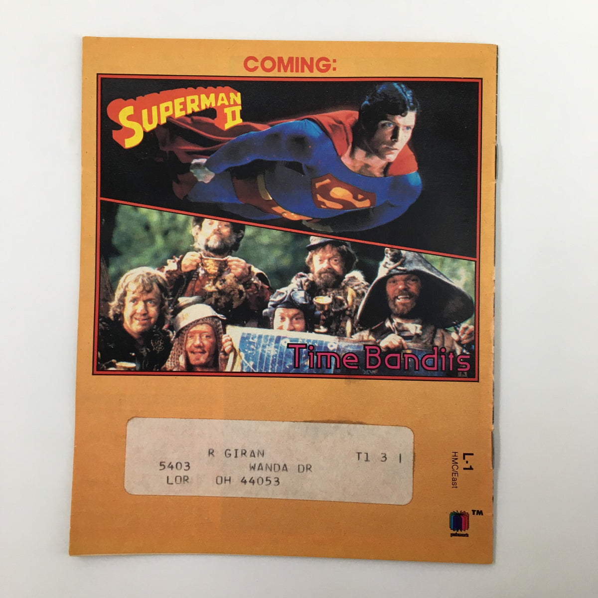 Back cover of the VTG Premium Channels Mini Magazine December 1982 promoting upcoming films, featuring Superman II and Time Bandits. Features a vintage design with notable imagery.