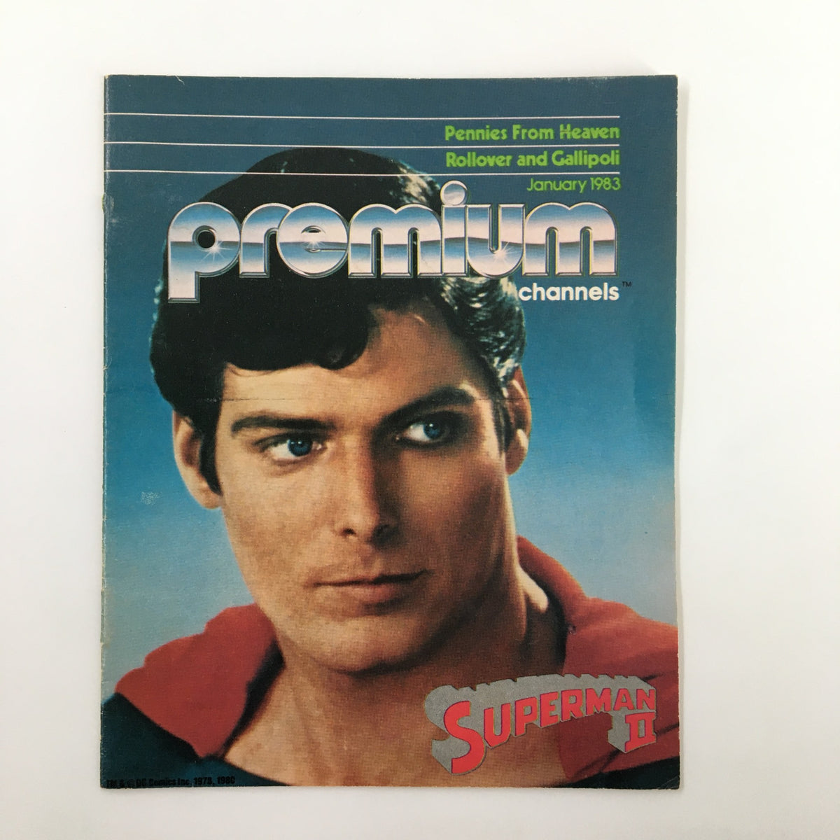 Cover of VTG Premium Channels Mini Magazine from January 1983 featuring Christopher Reeve in Superman II, showcasing vintage graphics and nostalgic design.