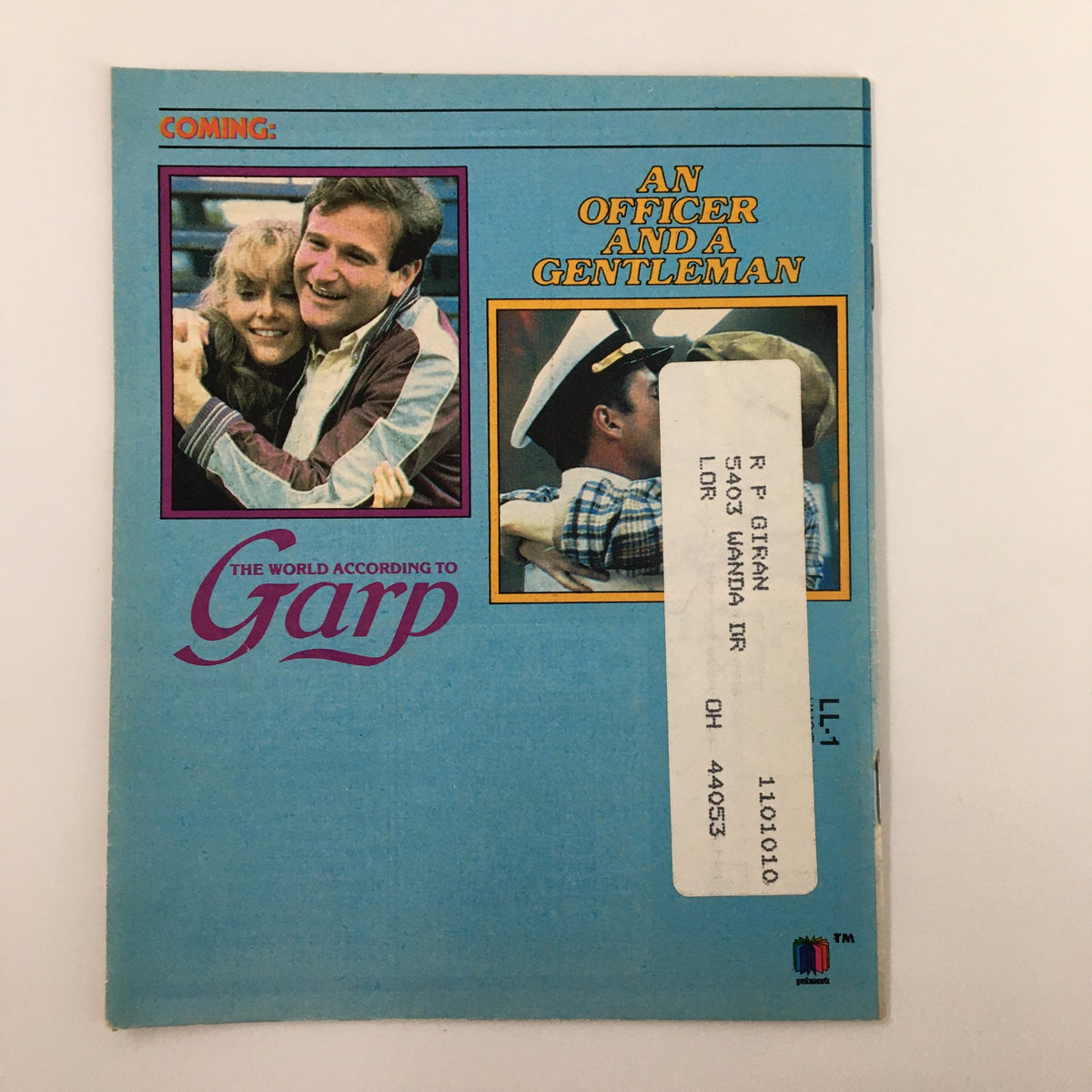 Back cover of the VTG Premium Channels Mini Magazine September 1983, advertising upcoming films including 'An Officer and a Gentleman' and 'The World According to Garp'.