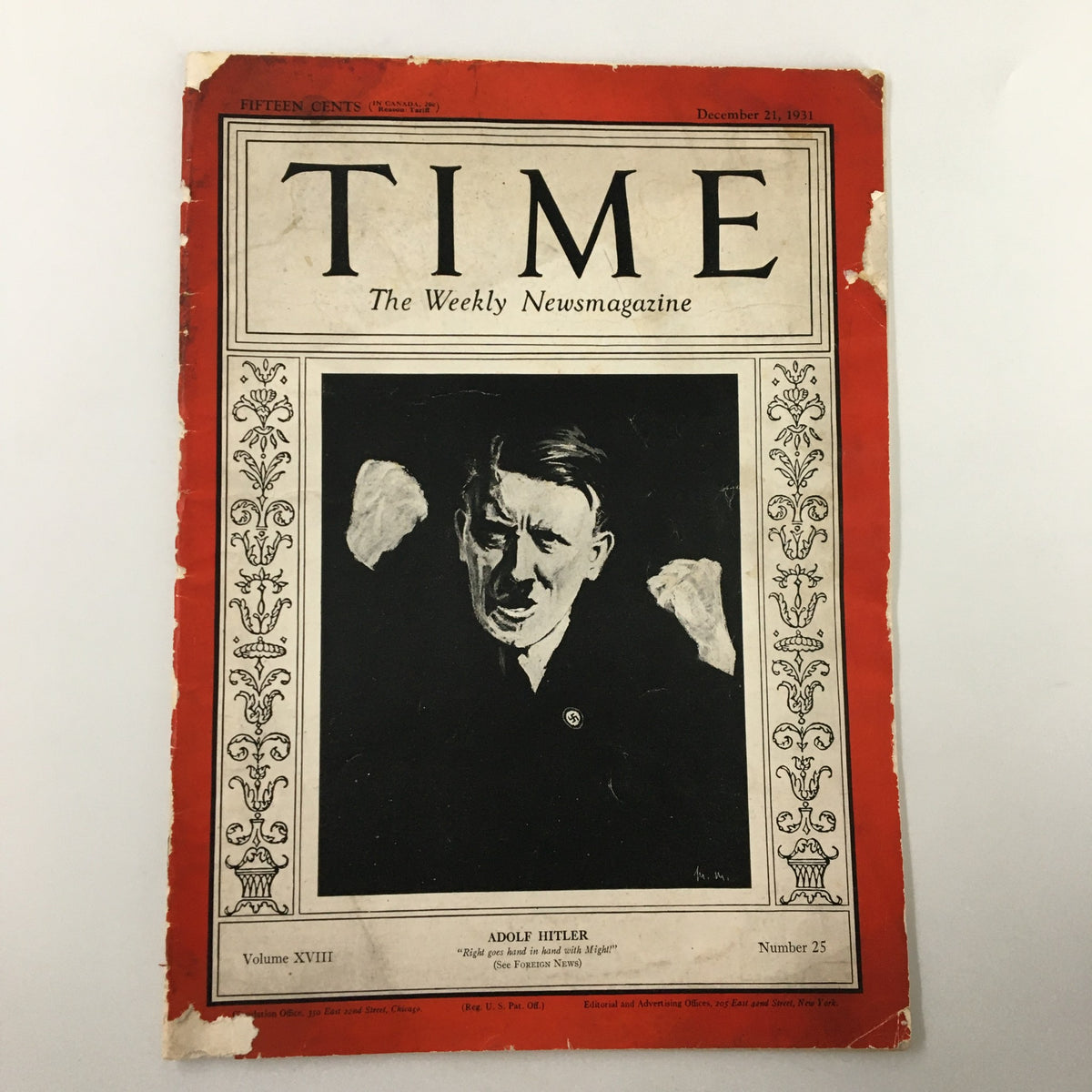 Time Magazine December 21 1931 Vol. 18 No. 25 Adolf Hitler Hand with Might
