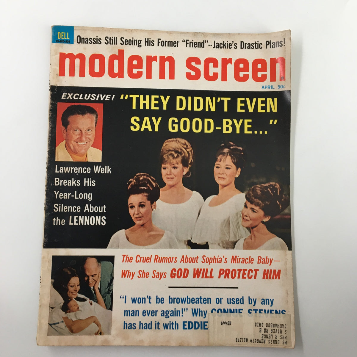 Cover of VTG Modern Screen Magazine from April 1969 featuring Lawrence Welk and The Lennon Sisters. The magazine showcases headlines about celebrity news, with an exclusive article on Lawrence Welk's silence about the Lennons. It captures the vintage aesthetic of the 1960s entertainment scene.